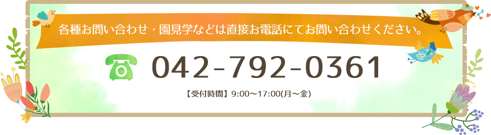 各種お問い合わせ・園見学などは直接お電話にてお問い合わせください。 042-792-0361 【受付時間】9:00～17:00(月～金)